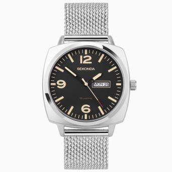Sekonda Airborne Men's Watch | Silver Alloy Case & Stainless Steel Mesh Bracelet with Black Dial | 30101