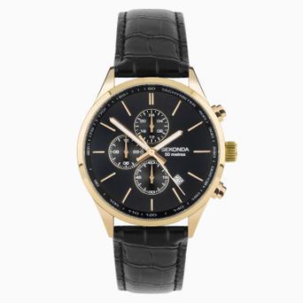 Sekonda Endurance Dual Time Men's Watch | Gold Alloy Case & Black Leather Strap with Black Dial | 30107