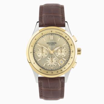 Sekonda Racer Chronograph Men's Watch | Two Tone Alloy Case & Brown Leather Strap with Champagne Dial | 30110
