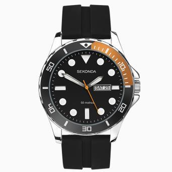 Sekonda Balearic Men's Watch | Silver Alloy Case & Black Rubber Strap with Black Dial | 30118