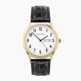 Sekonda Easy Reader Ladies Watch | Gold Alloy Case & Black Leather Strap with White Dial | 30123