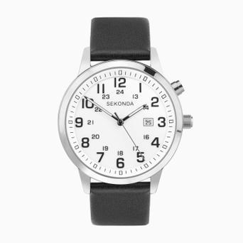 Sekonda Easy Reader Men's Watch | Silver Alloy Case & Black Leather Strap with White Dial | 30125