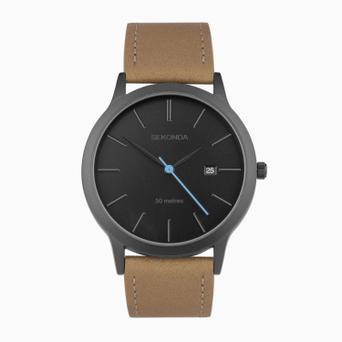 Sekonda Bergen Men's Watch | Black Alloy Case & Tan Leather Strap with Black Dial | 30133