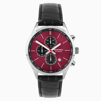 Sekonda Endurance Dual Time Men's Watch | Silver Alloy Case & Black Leather Strap with Red Dial | 30145