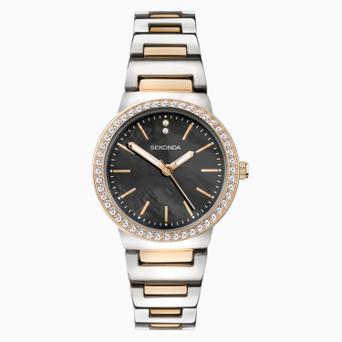 Sekonda Amelia Ladies Watch | Two Tone Case & Alloy Bracelet with Black Dial | 40493