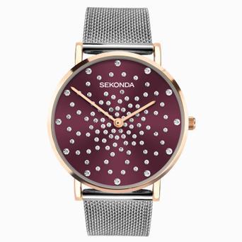 Sekonda Celeste Ladies Watch | Silver Case & Stainless Steel Mesh Bracelet with Red Dial | 40500