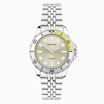 Sekonda Balearic Ladies Watch | Silver Alloy Case & Stainless Steel Bracelet with Yellow Dial | 40566