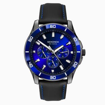 Sekonda Sports Men's Watch | Gun Metal Case & Leather Strap with Blue Dial | 1634
