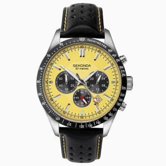 Sekonda Velocity Chronograph Men's Watch | Silver Case & Leather Strap with Yellow Dial | 1395