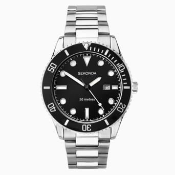 Sekonda Ocean Men's Watch | Silver Case & Stainless Steel Bracelet with Black Dial | 1788