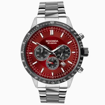 Sekonda Velocity Chronograph Men's Watch | Silver Case & Stainless Steel Bracelet with Red Dial | 1914