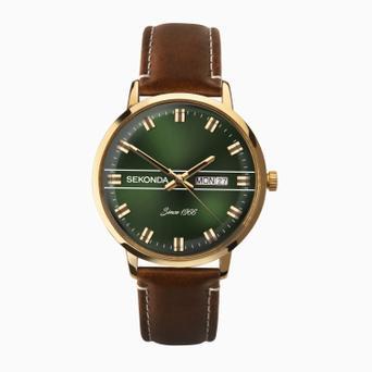 Sekonda Originals Men's Watch | Gold Case & Brown Leather Strap with Green Dial | 1949