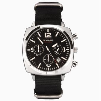 Sekonda Airborne Men's Chronograph Watch | Silver Case & Black Canvas Strap with Black Dial | 1989