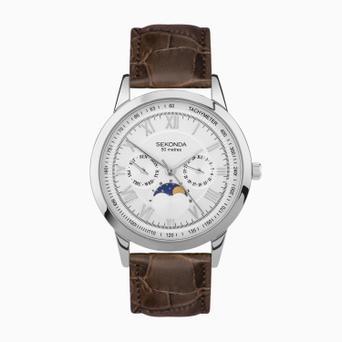 Sekonda Armstrong Moon Phase Men’s Watch | Silver Alloy Case & Brown Leather Strap with Silver Dial | 30146
