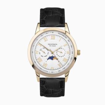 Sekonda Armstrong Moon Phase Men’s Watch | Gold Alloy Case & Black Leather Strap with Silver Dial | 30147