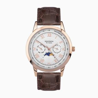 Sekonda Armstrong Moon Phase Men’s Watch | Rose Gold Alloy Case & Brown Leather Strap with Silver Dial | 30148