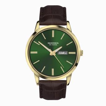 Sekonda Jackson Men’s Watch | Gold Alloy Case & Brown Leather Strap with Green Dial | 30151