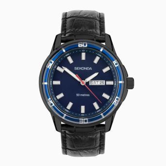 Sekonda Midnight Men's Watch | Black Alloy Case & Leather Strap with Blue Dial | 30205