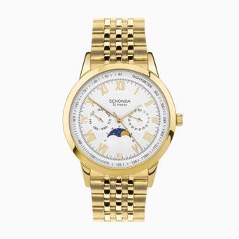 Sekonda Armstrong Moon Phase Men’s Watch | Gold Alloy Case & Stainless Steel Bracelet with White Dial | 30228