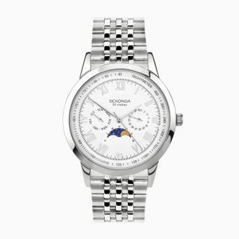 Sekonda Armstrong Moon Phase Men’s Watch | Silver Alloy Case & Stainless Steel Bracelet with White Dial | 30229