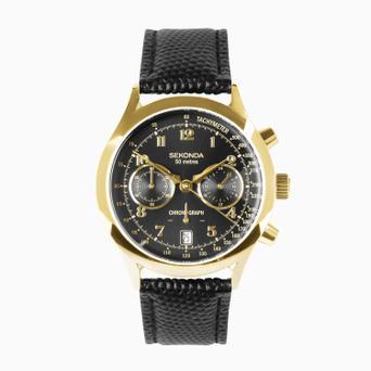 Sekonda Archer Men's Watch | Gold Alloy Case & Black Leather Strap with Black Dial | 30237
