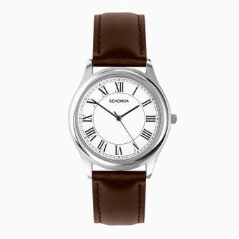 Sekonda Evans Men's Watch | Silver Alloy Case & Brown Leather Strap with White Dial | 30249