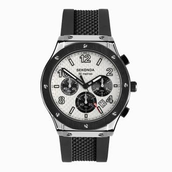 Sekonda Titan Chronograph Men's Watch | Silver Alloy Case & Black Silicone Strap with Silver Dial | 30256