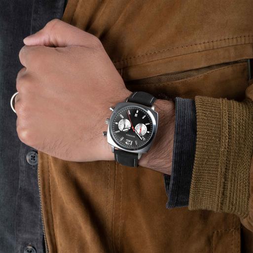 Sekonda Airborne Men's Chronograph Watch | Silver Case & Black Leather Strap with Black Dial | 30028