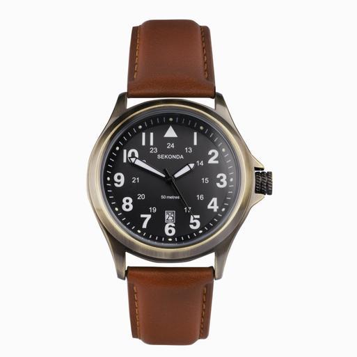 Sekonda Altitude Men's Watch | Bronze Case & Brown Leather Strap with Black Dial | 30033