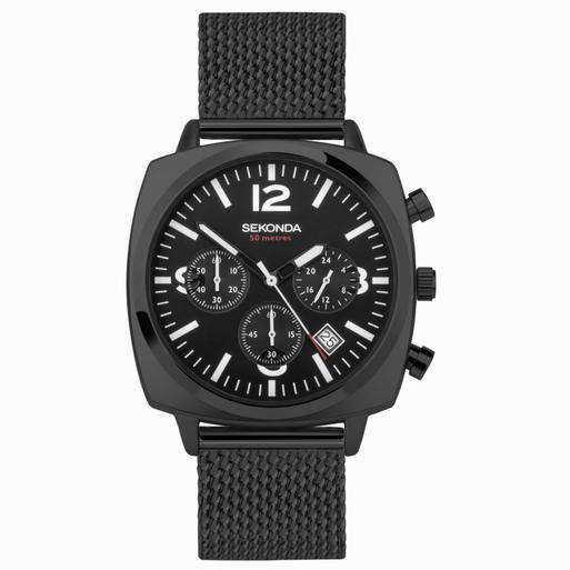 Sekonda Airborne Men's Chronograph Watch | Black Alloy Case & Stainless Steel Mesh Bracelet with Black Dial | 30102