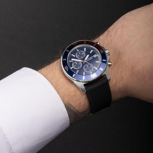 Sekonda Pacific Wave Chronograph Men's Watch | Silver Stainless Steel Case & Black Silicone Strap with Blue Dial | 30114