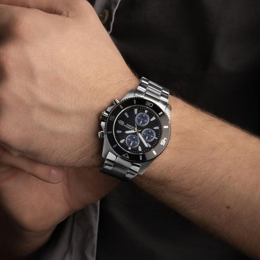 Sekonda Pacific Wave Chronograph Men's Watch | Silver Stainless Steel Case & Bracelet with Black Dial | 30116
