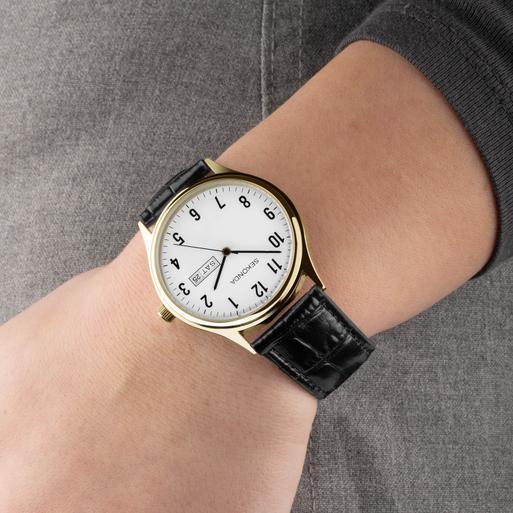Sekonda Easy Reader Ladies Watch | Gold Alloy Case & Black Leather Strap with White Dial | 30123