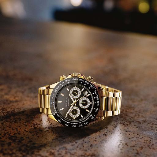Sekonda Circuit Chronograph Men’s Watch | Gold Alloy Case & Stainless Steel Bracelet with Black Dial | 30203