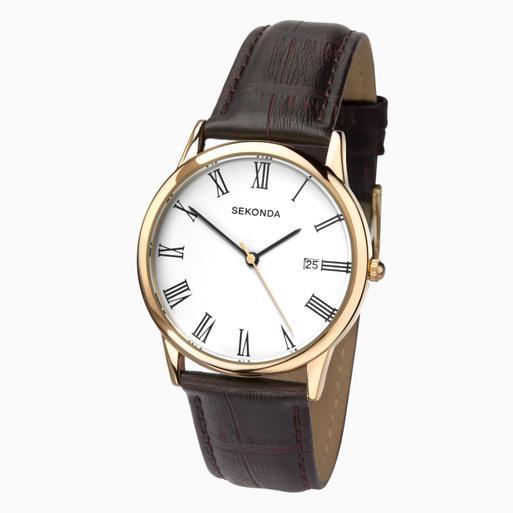 Sekonda Classic Men's Watch | Gold Case & Leather Upper Strap with White Dial | 3676