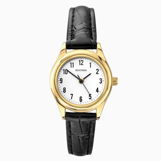 Gold black leather watch on sale