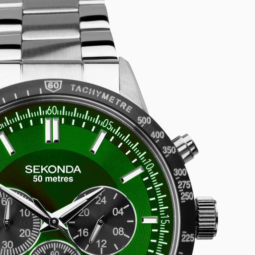 Sekonda Velocity Chronograph Men's Watch | Silver Case & Stainless Steel Bracelet with Green Dial | 1913