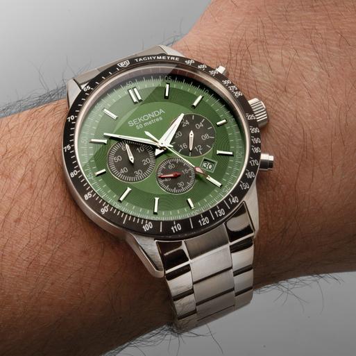 Sekonda Velocity Chronograph Men's Watch | Silver Case & Stainless Steel Bracelet with Green Dial | 1913