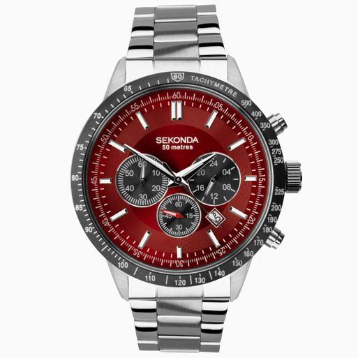 Sekonda Velocity Chronograph Men's Watch | Silver Case & Stainless Steel Bracelet with Red Dial | 1914