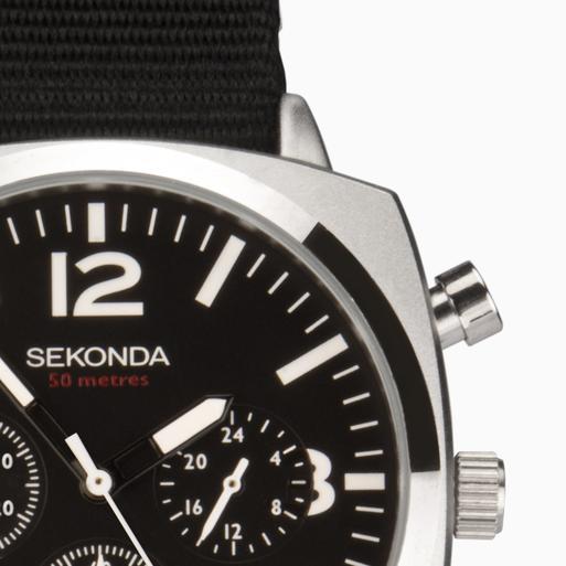 Sekonda Airborne Men's Chronograph Watch | Silver Case & Black Canvas Strap with Black Dial | 1989