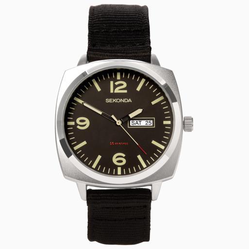 Sekonda Airborne Men's Watch | Silver Case & Black Canvas Strap with Black Dial | 1992