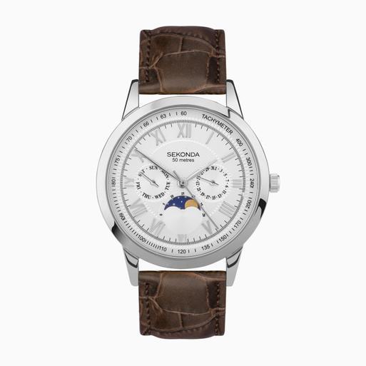 Sekonda Armstrong Moon Phase Men’s Watch | Silver Alloy Case & Brown Leather Strap with Silver Dial | 30146