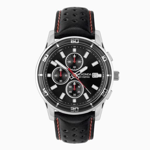 Sekonda Midnight Chronograph Men’s Watch | Silver Alloy Case & Black Leather Strap with Black Dial | 30206