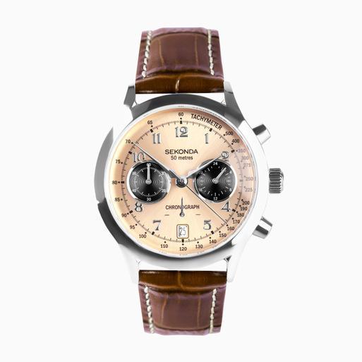 Sekonda Archer Men's Watch | Silver Alloy Case & Brown Leather Strap with Rose Gold Dial | 30236