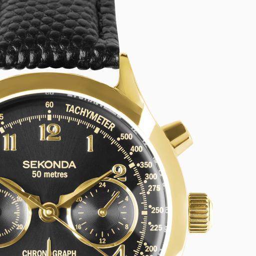 Sekonda Archer Men's Watch | Gold Alloy Case & Black Leather Strap with Black Dial | 30237