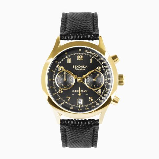 Sekonda Archer Men's Watch | Gold Alloy Case & Black Leather Strap with Black Dial | 30237