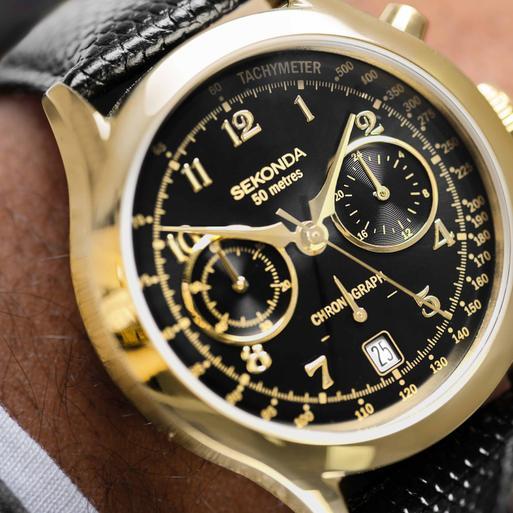 Sekonda Archer Men's Watch | Gold Alloy Case & Black Leather Strap with Black Dial | 30237