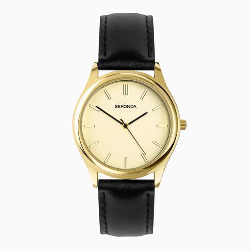 Sekonda Evans Men's Watch | Gold Alloy Case & Black Leather Strap with Champagne Dial | 30253