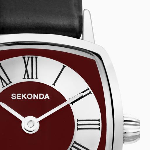 Sekonda 1970s Ladies Watch | Silver Case & Black Leather Strap with Red Dial | 40376