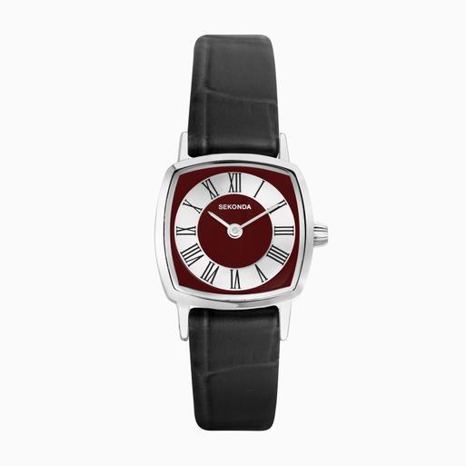 Sekonda 1970s Ladies Watch | Silver Case & Black Leather Strap with Red Dial | 40376
